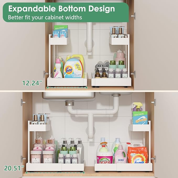 Expandable Under Sink Organizer with 6-Level Height Adjustment | Expandable Width, Pull-Out Cabinet Storage Rack with Quiet Sliding Rails for Kitchen, Bathroom, Laundry Room Cabinets, White