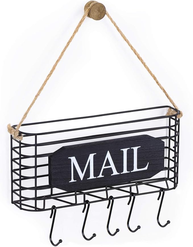 SRIWATANA Rustic Mail Organizer Wall Mount, 5 Key Hooks, Small Size, Black | Mail Holder Key Holder for Wall, Hanging Mail Sorter, Letter Basket for Receipts Bills Envelopes, Home & Office Organizer