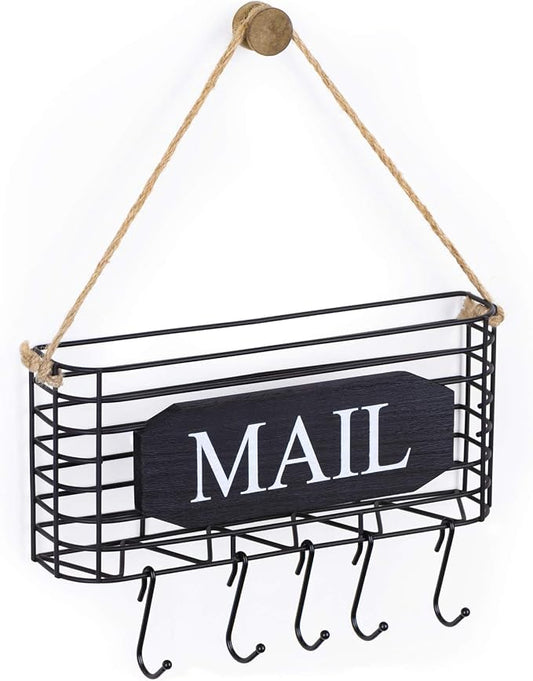 SRIWATANA Rustic Mail Organizer Wall Mount, 5 Key Hooks, Small Size, Black | Mail Holder Key Holder for Wall, Hanging Mail Sorter, Letter Basket for Receipts Bills Envelopes, Home & Office Organizer