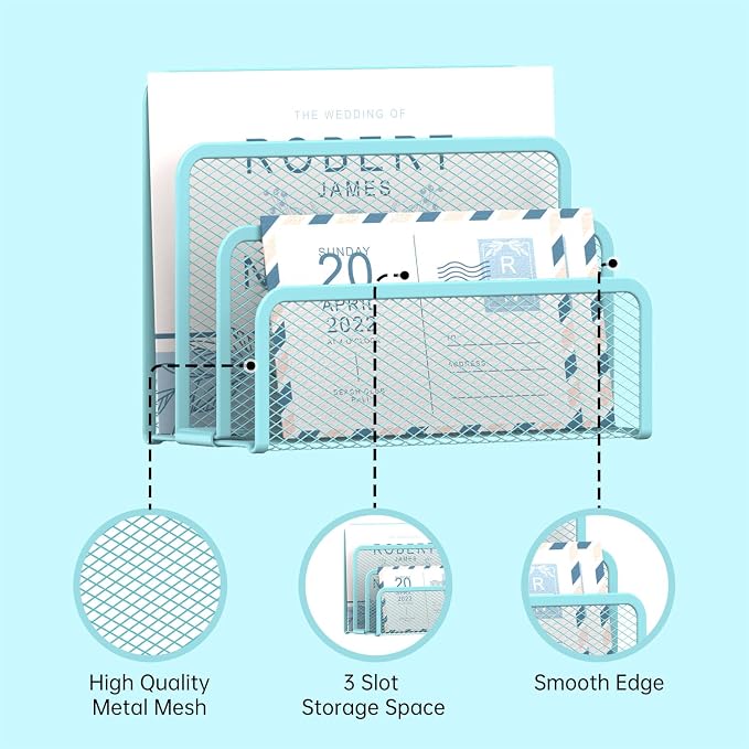 Mail Organizer Countertop for Desk, Mail File Holder with 3-Slot, Blue | Metal Mesh Mail Sorter for Letters, Envelopes, Bills, and Files for Home Offices, Classroom Organization