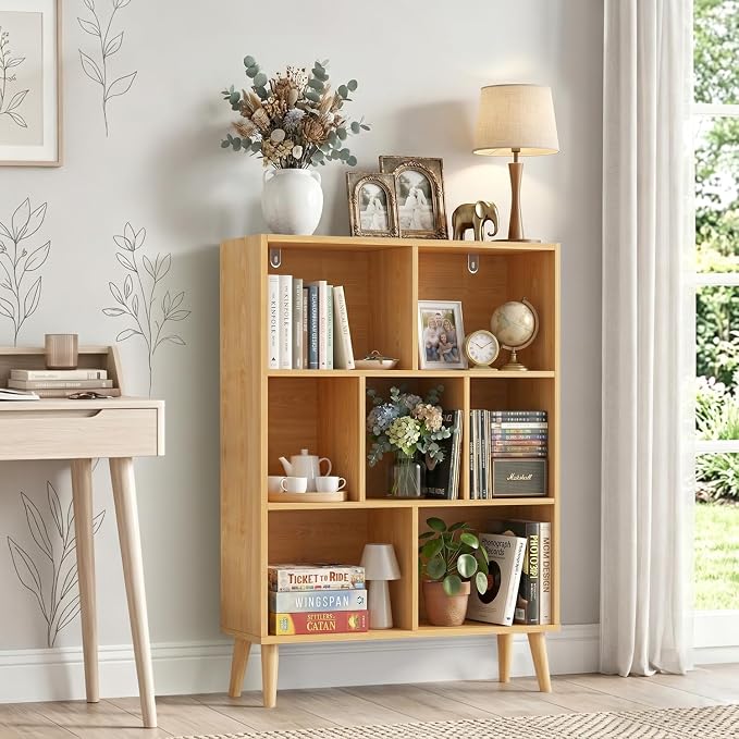 7 Cube Storage Organizer Shelf，Open Cube Bookshelf with Legs | 3 Tier, Mid-Century, Heavy Duty, Modern Bookcase, Display Shelf, Living Room, Bedroom, Office, Deep Natural