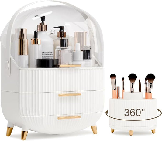 lurcns Makeup Organizers and Storage Make up Organizer for Vanity Cosmetics Skincare With Lid and Drawers Display Cases for Countertop Bathroom Women Teenager Girl Gifts(White+Brush Holder)