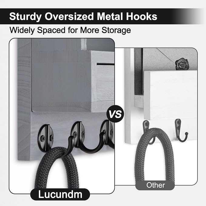 Key Holder Wall Mount, Mail Holder with Storage Drawer and 5 Key Hooks for Coat, Dog Leash, Home Decor Rack, House Accessories, Entry Way Organizer (Gray)