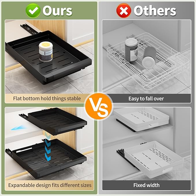 DOMNIU Pull Out Cabinet Organizers Expandable,Black,20.8" Depth,2 Pack | Plastic Slide Out Drawers for Kitchen, Bathroom, Pantry, Under Sink Storage, Fixed with Adhesive Nano Film (13''-19'')