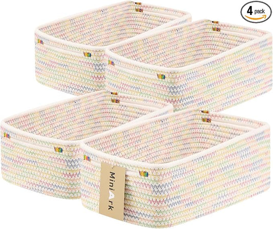 MiniArk Small Storage Baskets for Organizing | Closet Organizer Bins | Shelf Toy Basket | Woven Rope Baskets | Cube Decorative Box | Shallow Basket | 13x8.5x5.1” | 4 Packs Rainbow