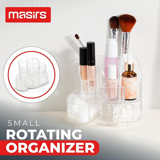 Masirs Small 360 Rotating Makeup Organizer, 5 Compartments, Square Clear | Small 360 Rotating Makeup Organizer, 5 Compartments, Acrylic Mini Lazy Susan, Vanity Bathroom Counter, Square Clear