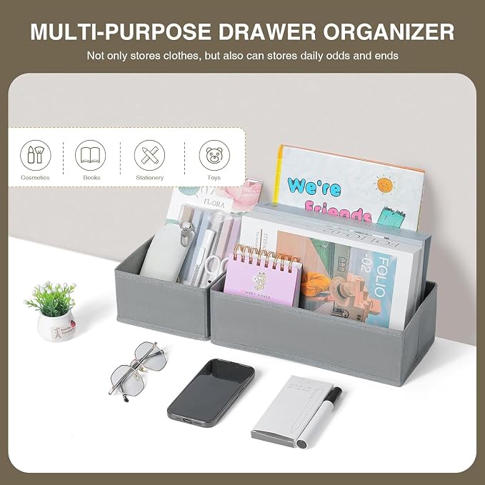 DIMJ Drawer Organizers for Clothing, Set of 12 Dresser Drawer Organizers, Fabric Closet Organizers and Storage, Drawer Dividers for Baby Clothes, Socks, Belt, Tie (Grey)