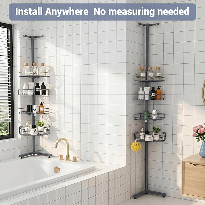 Standing Shower Caddy Corner, 4-Tier Adjustable Height Bathroom Organizer, 6-Section Pole, Sturdy Floor Standing Shelf for Shower or Bathtub – No Drilling, No Spring Tension (Gray)