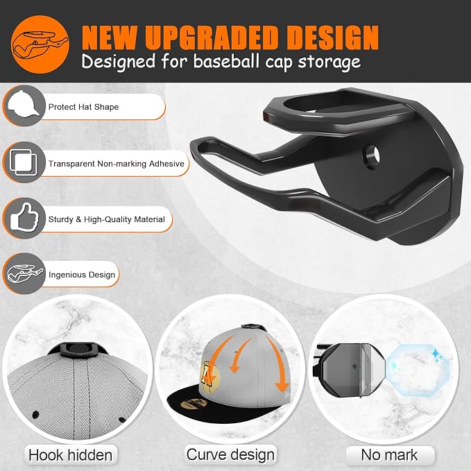 Niunuerga 24 Pack Hat Hooks for Wall, Strong Adhesive Hat Rack for Baseball Caps, Minimalist Hat Organizer Display for Home Decor, Hat Hold Hanger for Wall, Door, Closet, No Drilling (Black)