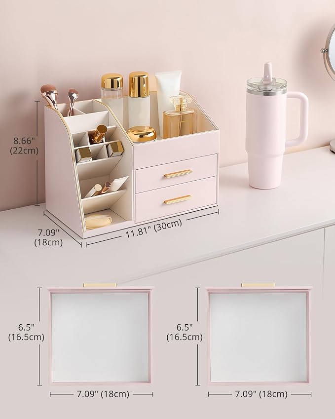 Lolalet Makeup Organizer Countertop with Drawers, Easy to Clean PU Leather Storage Box, 3-Layer Cosmetic Holder for Skincare, Lipstick, Perfume & Brush, Display Case for Vanity Dresser Bathroom - Pink
