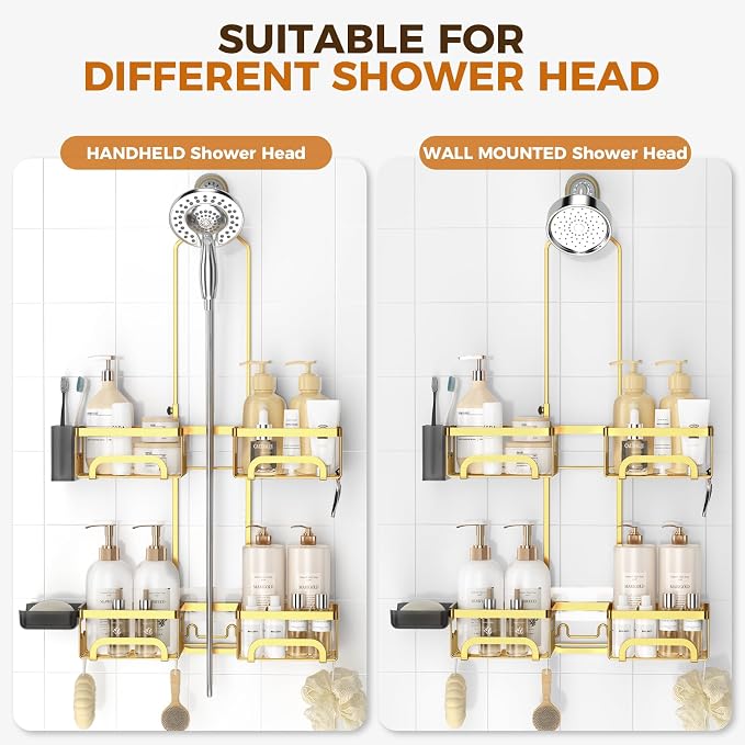REINHARDT Split Shower Caddy Hanging for Handheld Showerheads, Gold | Adjustable Shower Organizer, Rustproof, 16 Hooks, Soap Holder, 40lbs Capacity, Anti-Slip, Tool-Free, Bathroom Accessories
