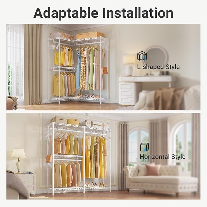 VIPEK L4 Corner Clothes Rack Heavy Duty Closet for Hanging Clothes | L Shaped Portable Closet, Multiple Hanging Rods, Adjustable Wire Shelving/Side Hooks, Load 810lbs Space-Saving for Bedroom