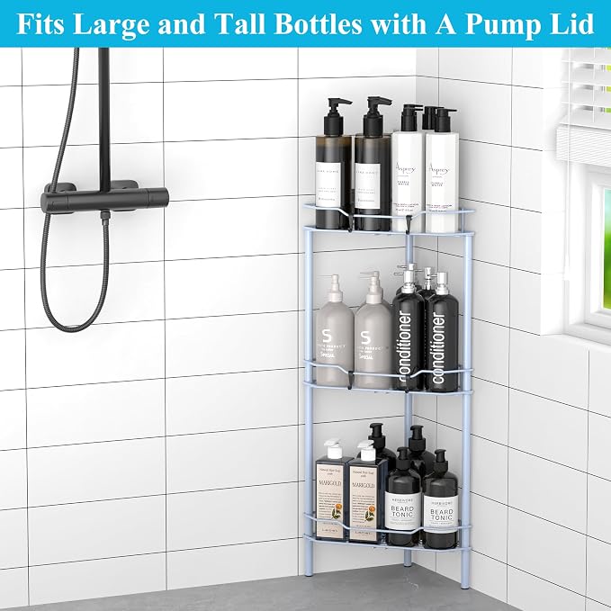 HuggieGems 3 Tier Floor Standing Corner Shower Caddy Organizer Shelf with Hooks, Bathroom Shelves Stand Rack, Blue