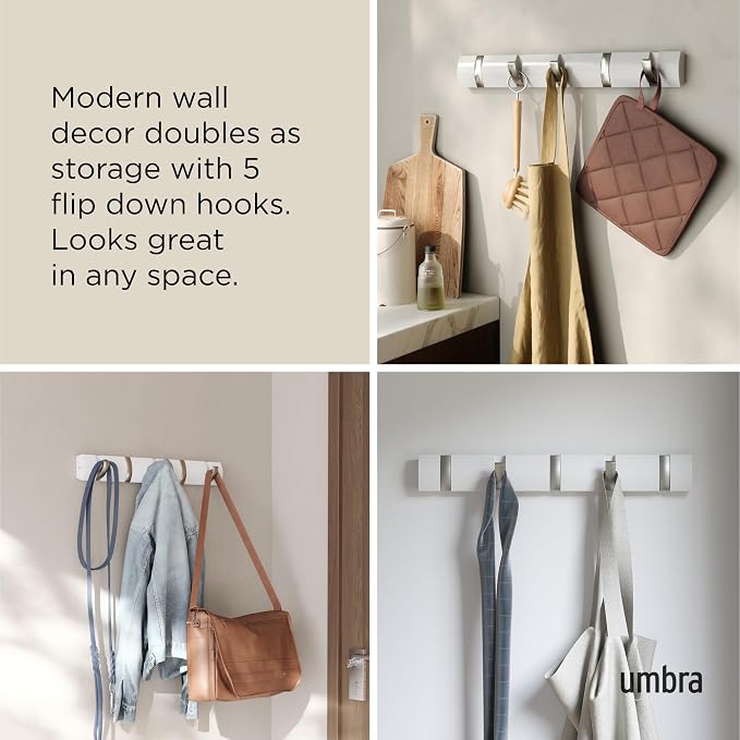 Umbra Flip Coat Rack, Wall Mounted 5-Hook Space Saving, White/Nickel | Real wood and steel build, retractable hooks fold flat, holds coats bags and scarves, easy install