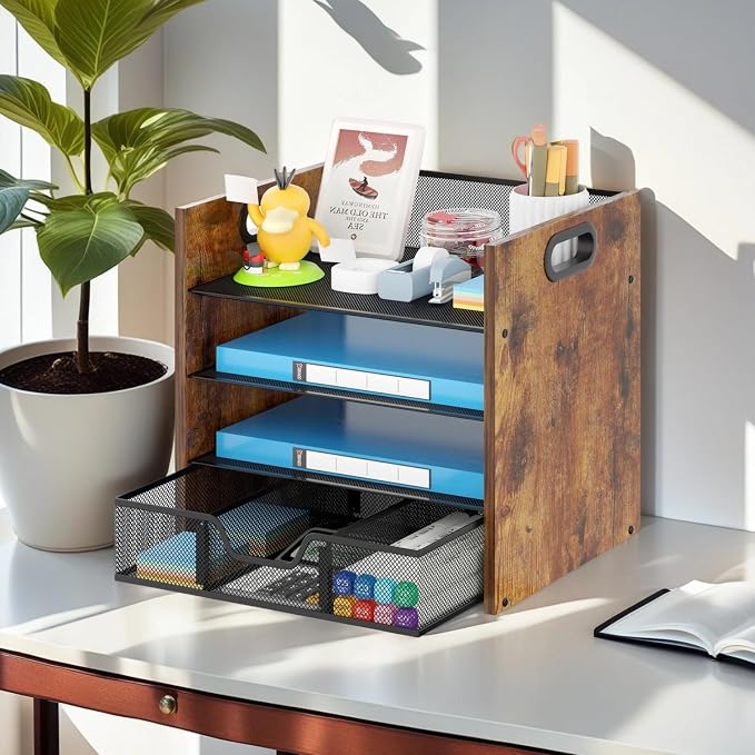 Desk Organizer - 4 Tier Desktop File Organizer with Drawer, Wooden Paper Tray Organizer, Office Desk Accessories Organizer for Papers, Mail, Notebooks, Stationery
