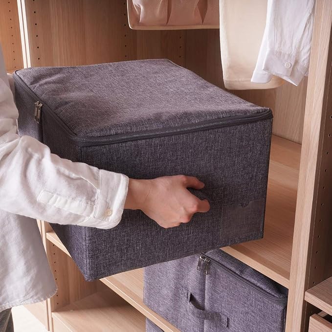 2Pcs Fabric Folding Washable Wardrobe Clothes Storage Baskets with Zip Lid | cabinets, shelves, attics, or atop closets organizer,17.6×13.6×9.7", Space Saving, breathable linen, sturdy plastic boards