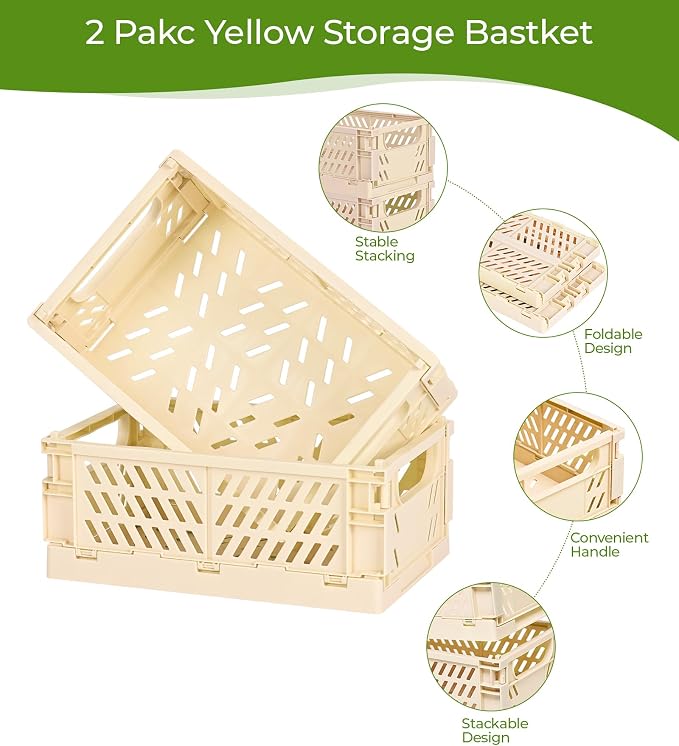 HUUSMOT 4-Pack Collapsible Plastic Storage Baskets, Yellow, 9.8"x6.5"x3.8" | Pastel, Space-Saving, Collapsible Plastic Bins, Cute Mini Storage Crates, for Classroom, Kitchen, Office, Bedroom