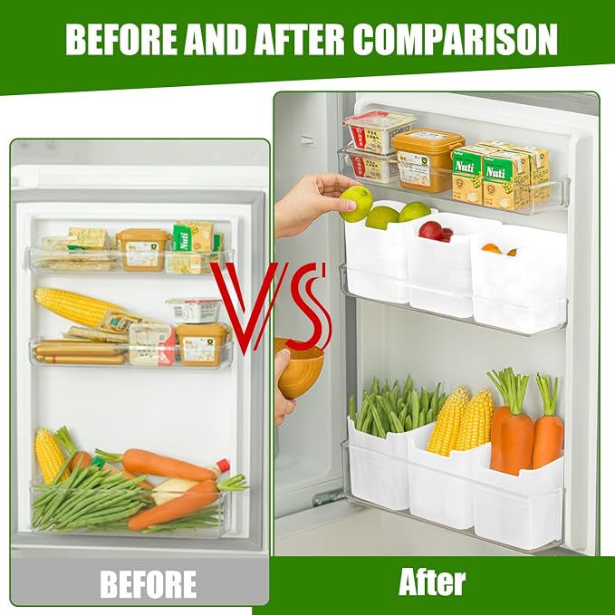 6 Pack Refrigerator Organizer Box, Plastic Refrigerator Side Door Storage Containers, Space-Saving Organizer Bins for Refrige, Refrige Drawers for Fruit and Vegetable (White,S×6)