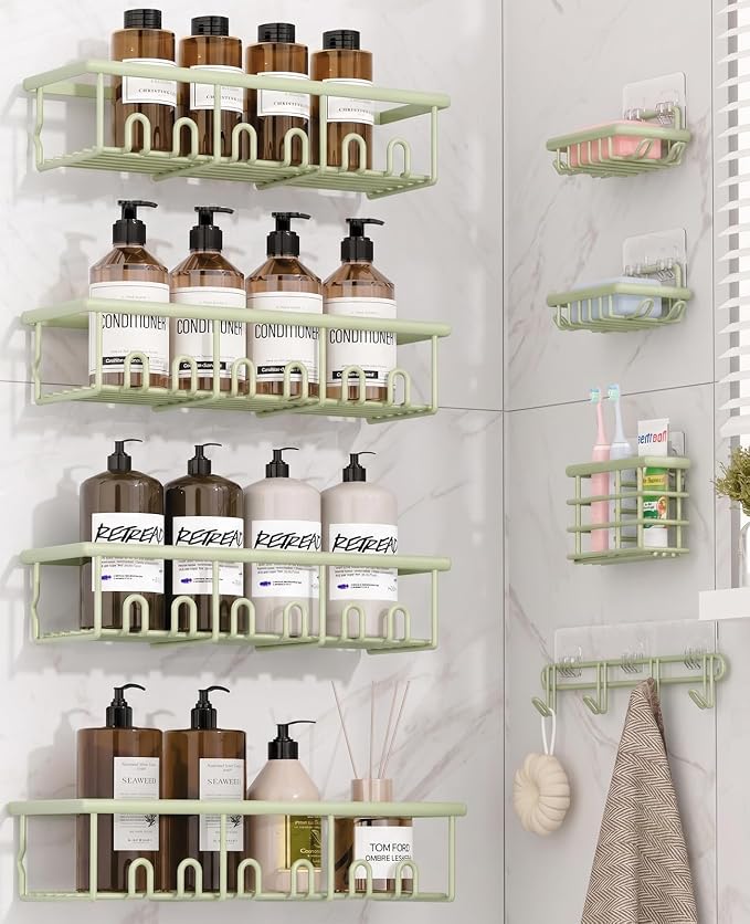 8 Pack Adhesive Rustproof Shower Caddy with Soap Dishes, Toothbrush Holder & Hooks, Large Capacity No-Drilling Shower Shelves Rack for Bathroom Organizers and Storage Accessories, Green