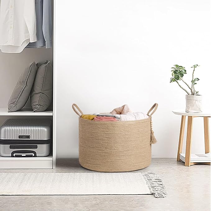 Mkono Extra Large Laundry Basket Woven Storage Baskets for Blankets Toys Clothes Organizer, Decorative Clothes Hamper 21.7" x 13.8" | Brown, Jute, Decorative Basket with Handle, Wood Beads Tassel, Shoes Towel Clothes Storage Bin, Living Room Bedroom Nu...