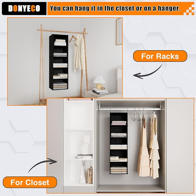 Hanging Closet Organizer 5-Shelf, Oxford Fabric Wardrobe Storage, Black | Easy-mount foldable design holds clothes, handbags, shoes & accessories; washable Oxford fabric, sturdy and space-saving.