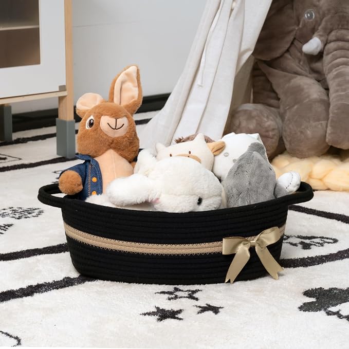 CHICVITA Small Woven Gift Basket, Cotton Rope Storage Basket, Black & Brown | 13" x 10" x 5", Diapers, Toys & Towels Organization, Nursery, Bathroom & Home Decor, Built-In Handles