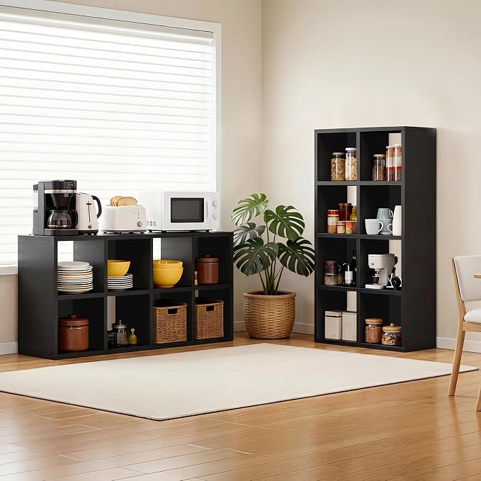 LUCKLIFE 8-Cube Storage Organizer, Stackable Modular Bookcase Shelf with Vertical or Horizontal Use, Fits 11×11" Bins, Optional Back Panels, for Living Room, Office, Black