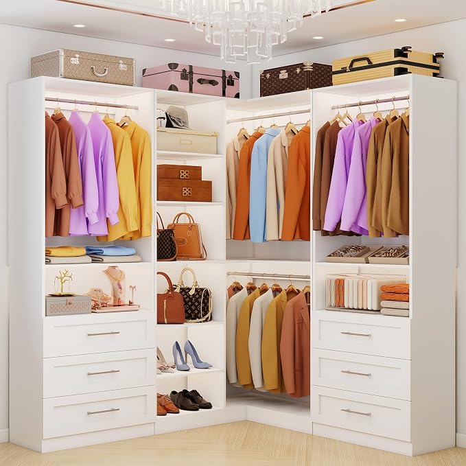 Closet System with 6 Drawers, Corner Closet Organizer Systems with 8 Shelves & 7 Hanging Rods L-Shaped Walk in Closet Freestanding Corner Tower Modular Storage System 3 Sets 2100+ Lbs Capacity White