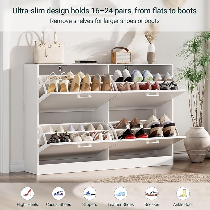 Shoe Cabinet with 4 Flip Drawers, Narrow Freestanding Shoe Organizer, Hidden Slim Shoe Storage Cabinet for Entryway, Hallway, Living Room, White