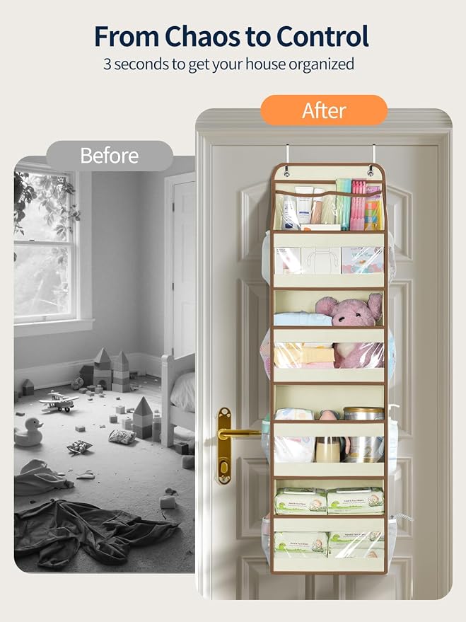 Yecaye 5 Tier Over the Door Organizer, Swing-proof Door Organizer Hanging with Clear PVC Windows, Behind the Door Storage for Bedroom Nursery Closet Laundry Pantry Bathroom, Beige