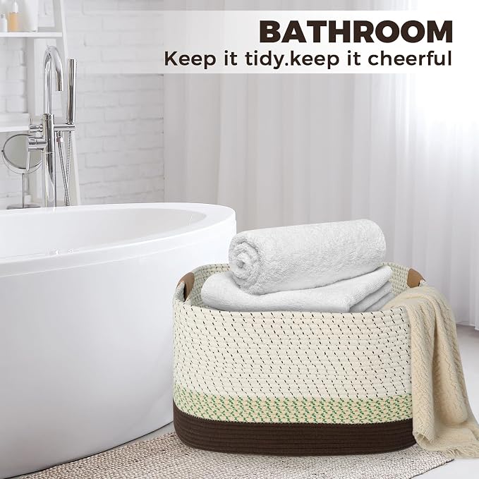 danpinera 108L Large Basket for Living Room, Nursery & Laundry, Kids Toy Basket Storage with Leather Handle, 25’’*16’’*16’’ White & Mottled Green