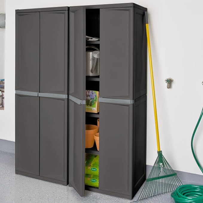 Sterilite Shelf Cabinet,4 Shelves,Flat Gray 01423V01-1 Each | Adjustable Shelves - Plastic Shelving Unit for Organizing Garage, Pantry, Basement, Laundry Room or Mudroom