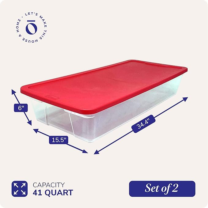HOMZ Holiday Plastic Storage Container, 41 Quart, Red, 2 Count