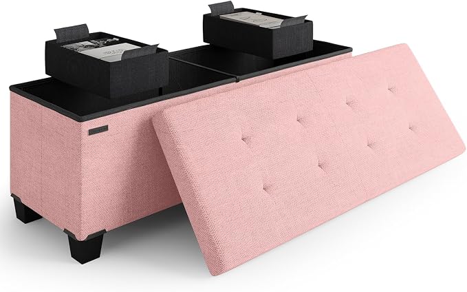 Storage Ottoman Bench with Bins, 43-in Storage Bench for Bedroom End of Bed, Folding Foot Rest Ottoman for Living Room Max 660lbs, Fabric Ottomans, Pink
