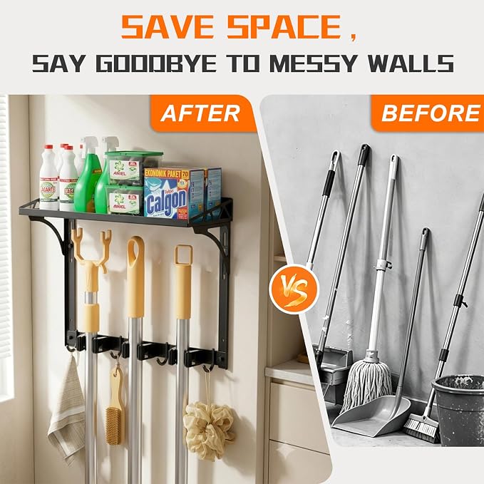 Broom Holder Wall Mount with Cleaning Supplies Organizer | Laundry Room Shelves, Mop Hanger Rack Gripper Hooks, Vacuum Organizer, Wall Hanging for Home Garage Kitchen