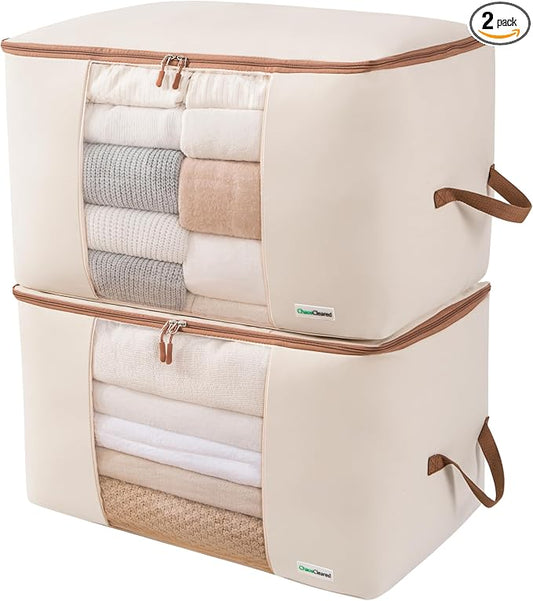 Chaos Cleared Canvas Storage Bags Designer Organizer for Comforters 2 Pack – Seasonal Storage for Pillows, Blankets, Linens & Garments – Foldable Design with Zip & Window, Moth-Proof Space Saver