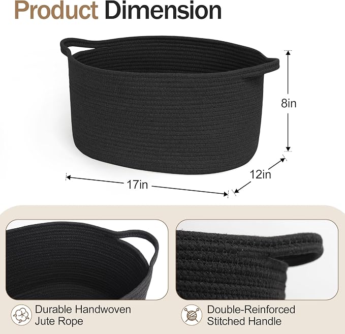 MEGASKET Black Woven Storage Basket, 17"x12"x8" Cotton Rope Baskets for Organizing Dog Toy, Gift, Book, Towel, Cloth, Shoe, Decorative Wicker Storage Bin for Shelves, Closet, Bathroom, Living Room