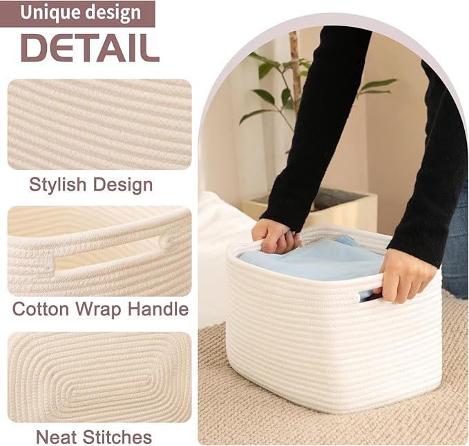 OIAHOMY 4 Pack Storage Baskets for Organizing, Cube Storage Bins for Shelves, Rectangle Storage Baskets With Handles, Woven Baskets for Storage, 16''Lx12''Wx8''H, White