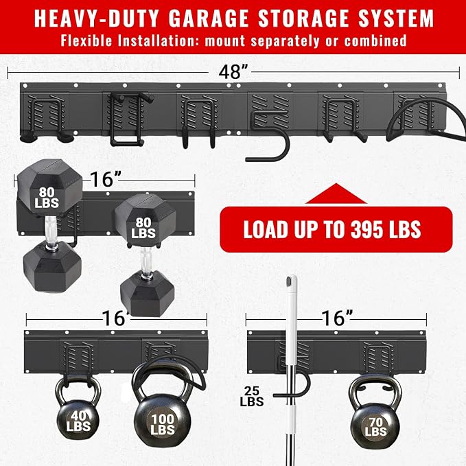 Garage Tool Organizer Wall Mount, Easy to 48inch Install Heavy-Duty Garage Storage System with 6 Adjustable Hooks, Garden Tool Rack for Shovels, Rakes, Yard Tools
