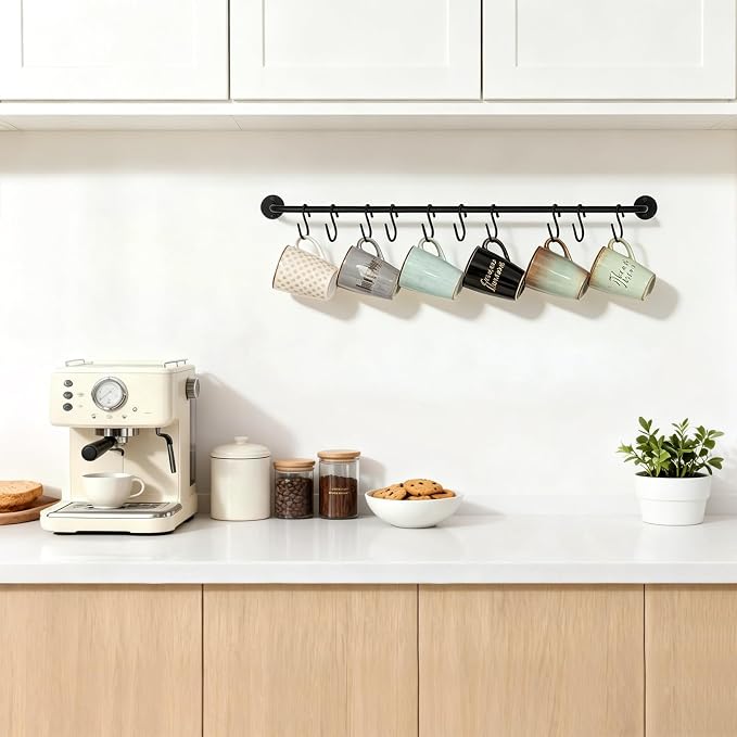 Mkono Wall Mounted Mug Holder, Coffee Cup Hanger Rack with 10 Hooks, 1 Pack | Kitchen Rod, Space Saving, Easy Assembly, Wall & Under Cabinet, Durable Metal, Kitchen Dining Bar Organizer, Multi-Function
