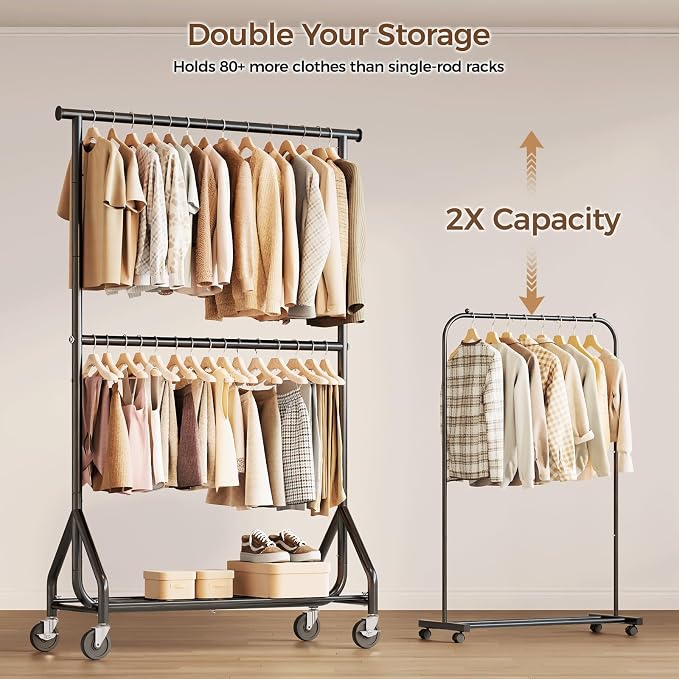 HYSEYY Heavy Duty Clothes Rack, Double Rod Clothing Rack for Hanging Clothes, Rolling Garment Rack, Adjustable Freestanding Wardrobe Closet Coat Rack for Bedroom Laundry Living Room, Black