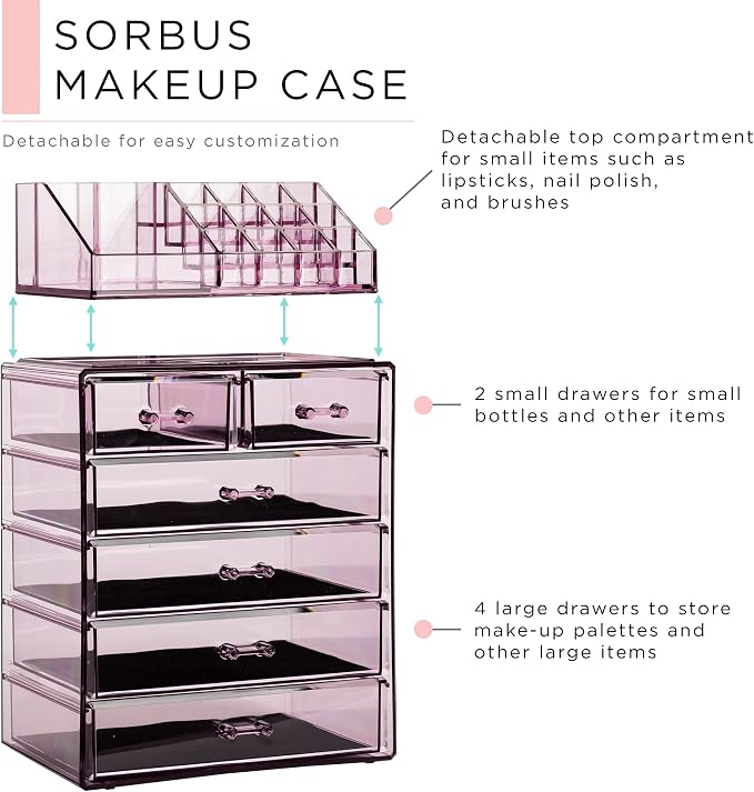 Sorbus Acrylic Makeup Organizer Set, 6-Drawer Vanity & Countertop Cosmetic Storage with Small & Wide Compartments, Purple Makeup Storage for Brushes, Jewelry – Holiday Gift for Women & Teens