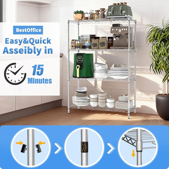 BestOffice | 4-Tier Wire Shelf | 36" x 14" x 54" | Chrome | Storage Shelves with Adjustable Racks, Holds upto 1000 lbs | Rust-Resistant, No-Tool Assembly | For Home, Garage
