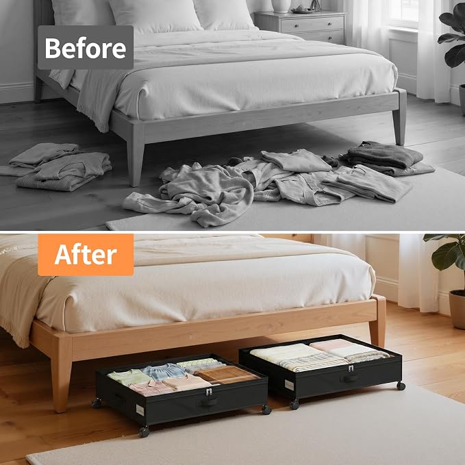 Yecaye 80L Large Under Bed Storage Containers with Wheels, 2 Pack, Black | 80L Capacity, Space-saving, 360° Rolling Wheels, Clear Window & Label, Sturdy Fabric, For Clothes, Shoes, Blankets