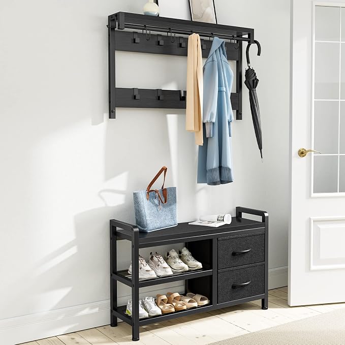 Hall Tree with Bench and Shoe Storage, 31.5” Coat Rack Freestanding | Black, 5 in 1 Intelligent Design, 17 Hooks, 2 Drawers, Handy Clothes Rail