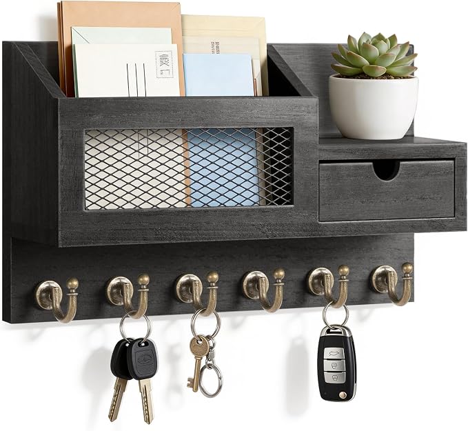 FifthQuarter Key Holder on Wall with Storage Drawer and 6 Sturdy Key Hooks | Wooden Entryway Organizer and Decorative, Easy Installation