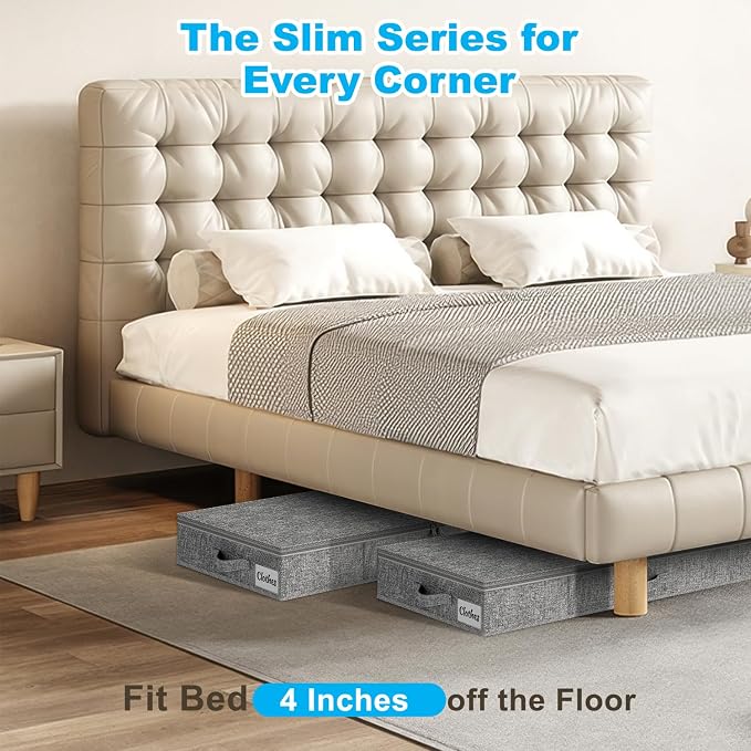 Under Bed Storage Container Bins 4 Pack, 4 Inch Thin Low Profile Underbed Clothes Storage Organizer for Dorm & Home, Use for Blanket and Toy Storage Box W/ Sturdy Bottom/Sides, Foldable Thick Fabric