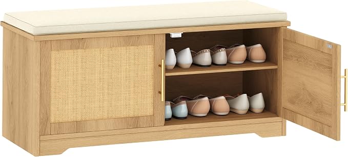 Rattan Shoe Storage Bench, 39.4" Wide Entryway Bench, Natural Oak | Hidden Shoe Organizer Cabinet with Cushion, Shoe Rack Bench with Adjustable Shelves, for Hallway Living Room, Natural Oak