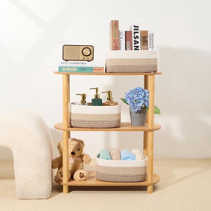 MiniArk Small Storage Baskets for Organizing | Closet Organizer Bins | Shelf Toy Basket | Woven Rope Baskets | Cube Decorative Box | Shallow Basket |11.5x7.5x4.7”| 3 Packs Gradient Brown