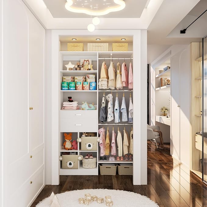 5FT Small Closet System, Baby Closet Organizer System with Wooden Drawers, 60 Inches Walk In Closet System With 5 Hanging Rods and 3 Reversible Hanging Shelving, White